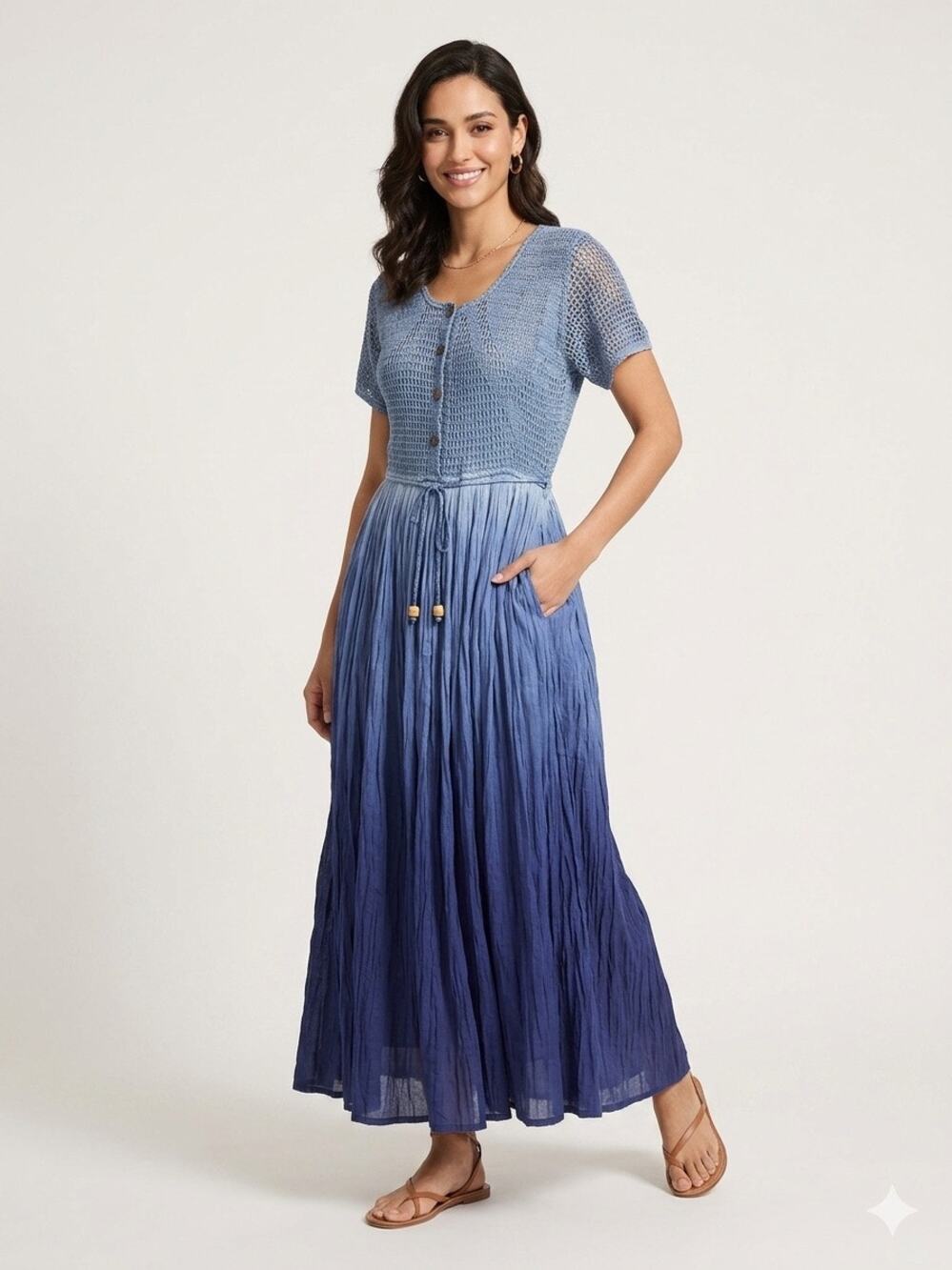 Chaudry 100% Cotton Crochet Bodice Maxi Dress Blue Ombré Broomstick Skirt Small